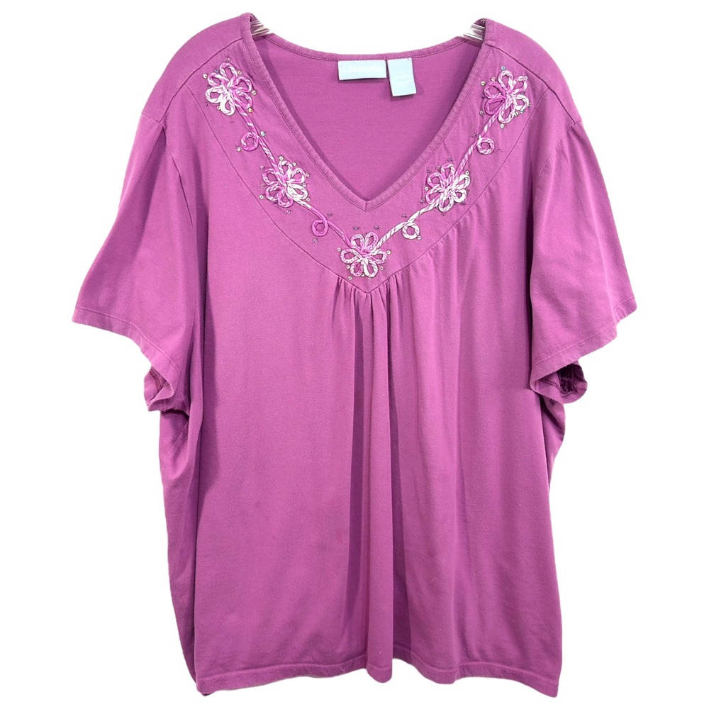 Liz & Me Plus Size 30W 32W Top 4X Purple Floral Top V Neck Short Sleeve 350 - Picture 1 of 7